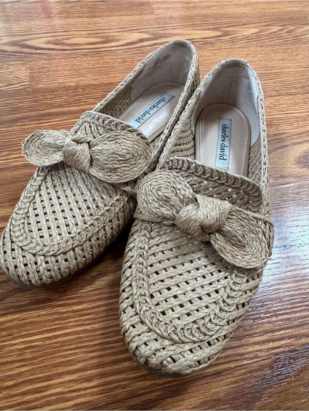 Charles David Natural Raffia Braided Slip-On Loafers with Bow